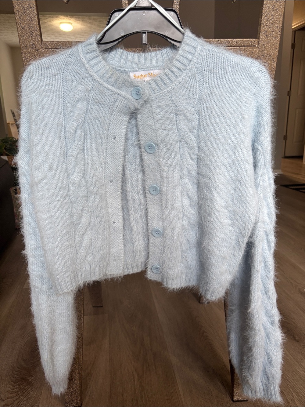 Sugar Light Blue Fuzzy Cable Knit Button Cardigan